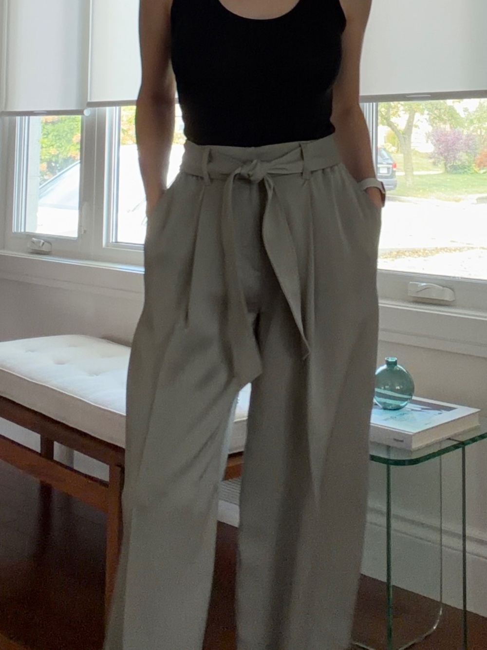 Club Monaco Sage Green Satin Wide Leg Belted Pants with Stretch Waist | Size 00 - Picture 14 of 14